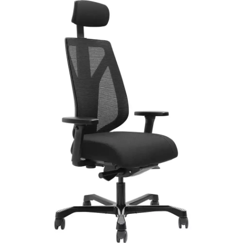 Picture of SERATI HIGH MESH BACK CHAIR BODY-WEIGHT SYNCHRO 2-D HEADREST ADJUSTABLE ARMRESTS BLACK ALUMINIUM BASE POLISHED FOOTPLATES GABRIEL FIGHTER BLACK FABRIC