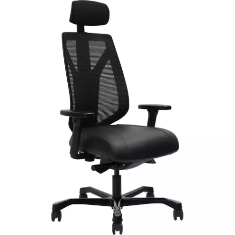 Picture of SERATI HIGH MESH BACK CHAIR BODY-WEIGHT SYNCHRO 2-D HEADREST ADJUSTABLE ARMRESTS BLACK ALUMINIUM BASE POLISHED FOOTPLATE NEO BLACK LEATHER