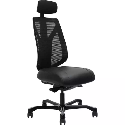 Picture of SERATI HIGH MESH BACK CHAIR BODY-WEIGHT SYNCHRO 2-D HEADREST BLACK ALUMINIUM BASE FOOTPLATES NEO BLACK LEATHER